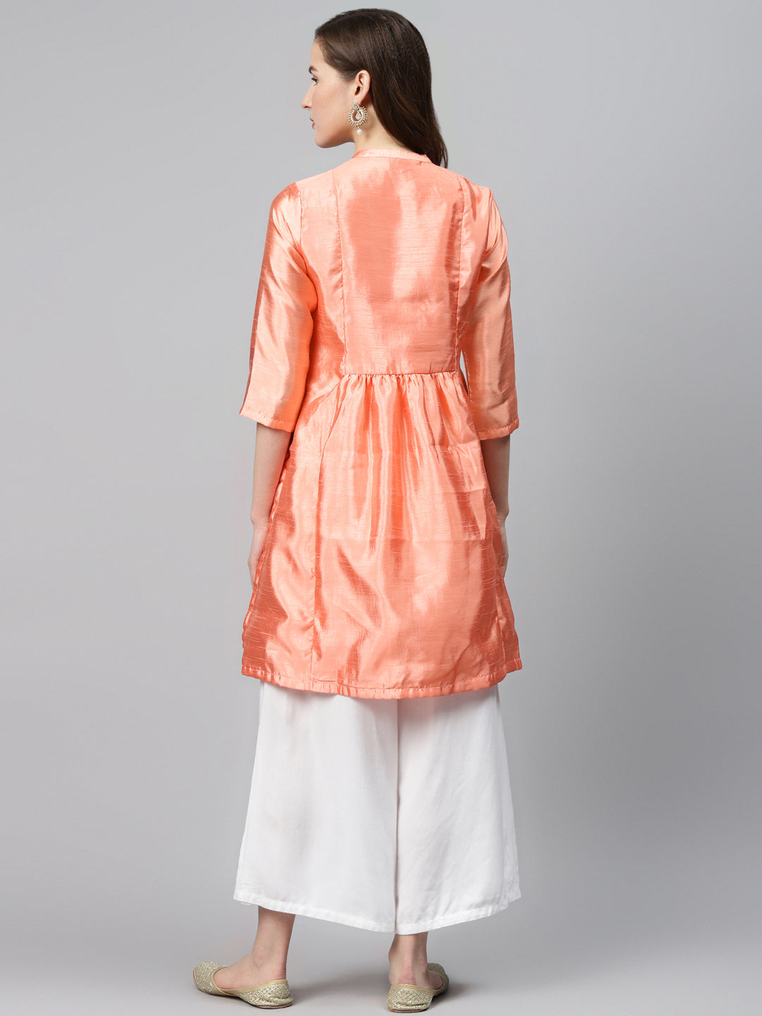 Biba Women Peach-Coloured & Green Yoke Design A-Line Kurta With Sheen Effect - Grab2buy