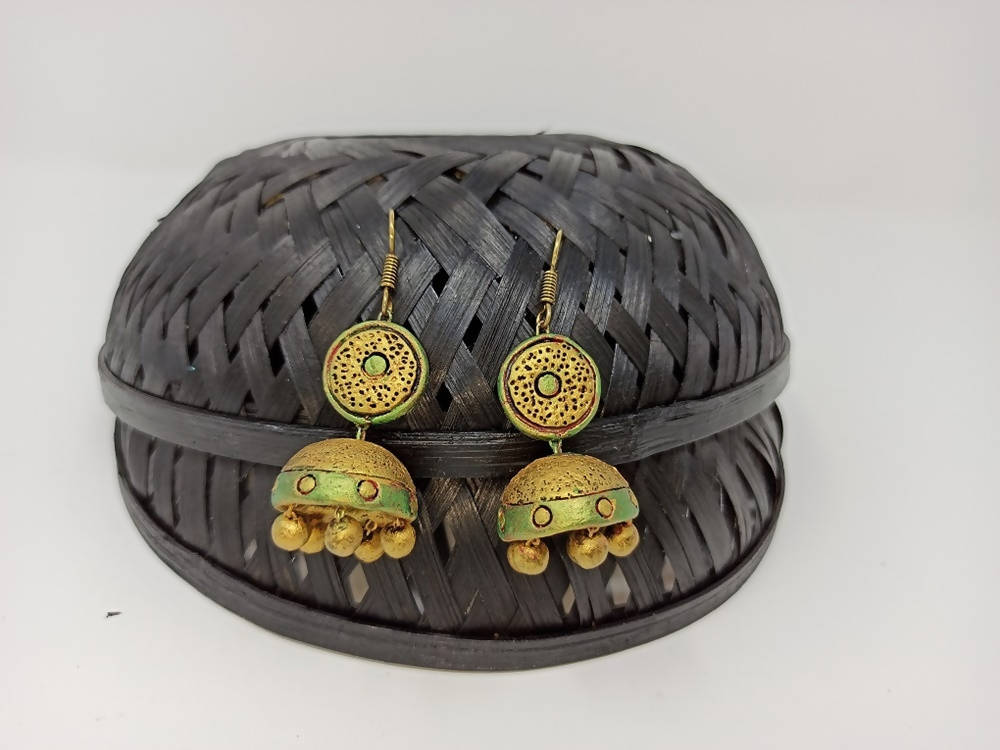 Terracotta Hanging Stud Jhumkas-Pearl Green And Gold