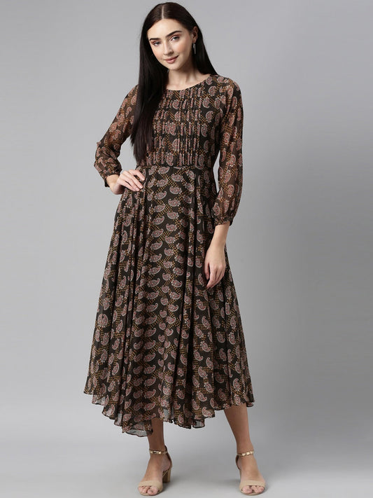 Souchii Olive Green & Red Ethnic Motifs Printed Chiffon A-Line Maxi Dress | Grab2Buy