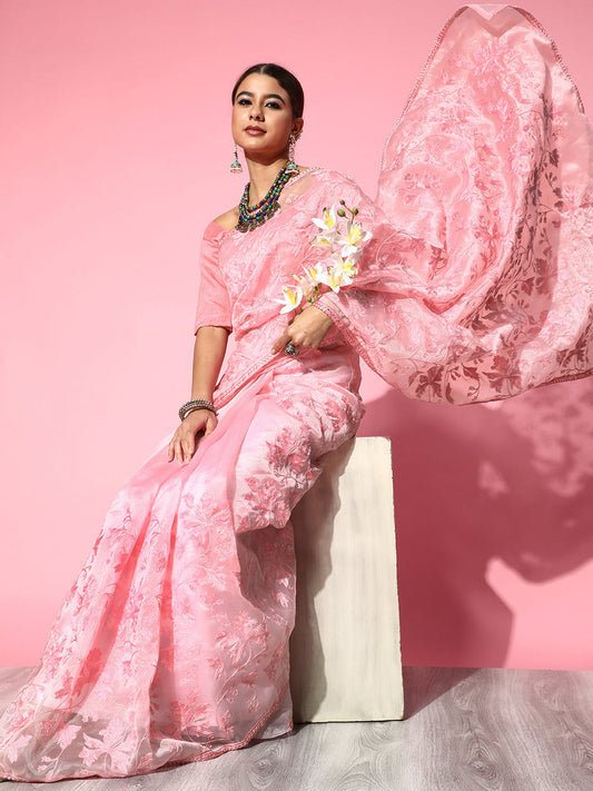 Saree Mall Pink Floral Embroidered Organza Saree