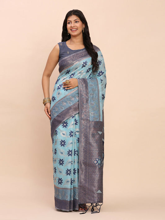 Shree Shyam Fashion Linen Cotton Sky Blue Saree