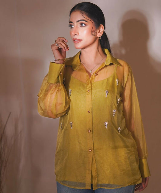 Timaraa Olive Glow Organza Hand-Embellished Shirt Grab2Buy Timaraa Grab2Buy