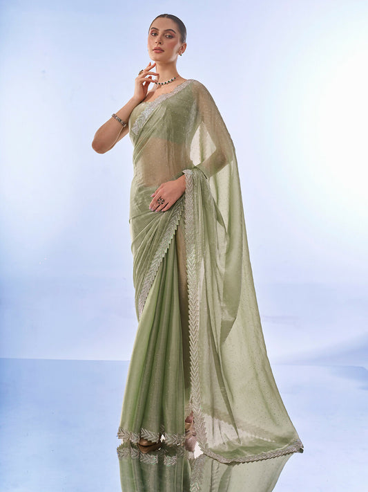 Pista Burburry Designer Work Lace Border & Swarovski Work Saree - Orchid