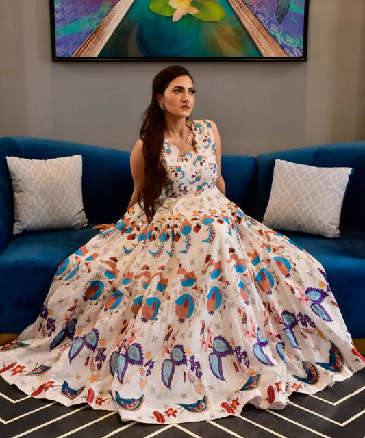 Casual Designer Offwhite Cotton Silk Gown - Anbazaar - Grab2buy