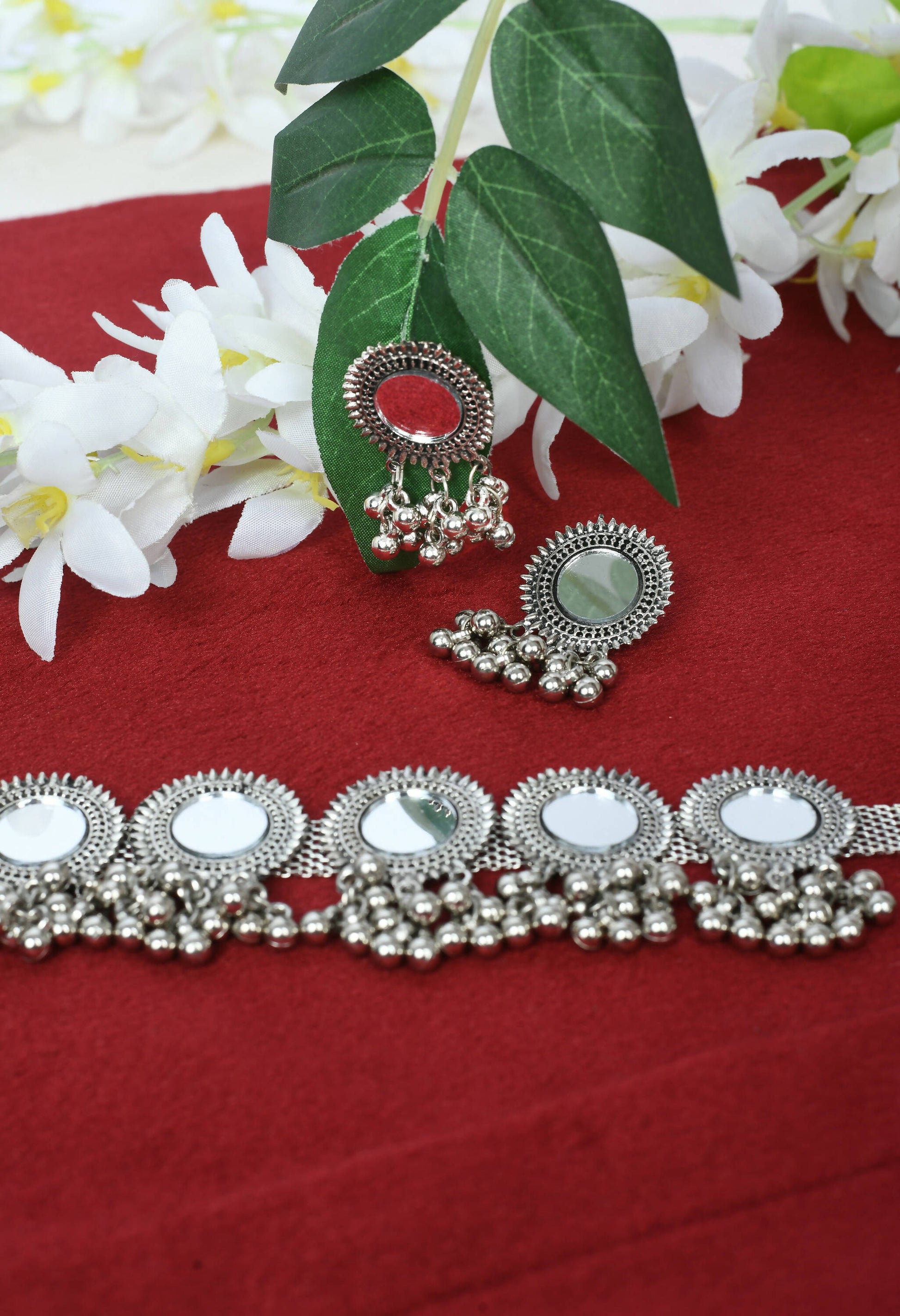 Mominos Fashion Johar Kamal Silver-Plated Brass Finish Mirror Work Women Choker - Grab2buy