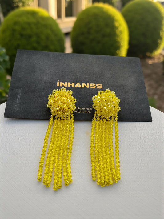 Inhanns Handmade Crystal Waterfall Earrings - Long - Lemon Yellow Big