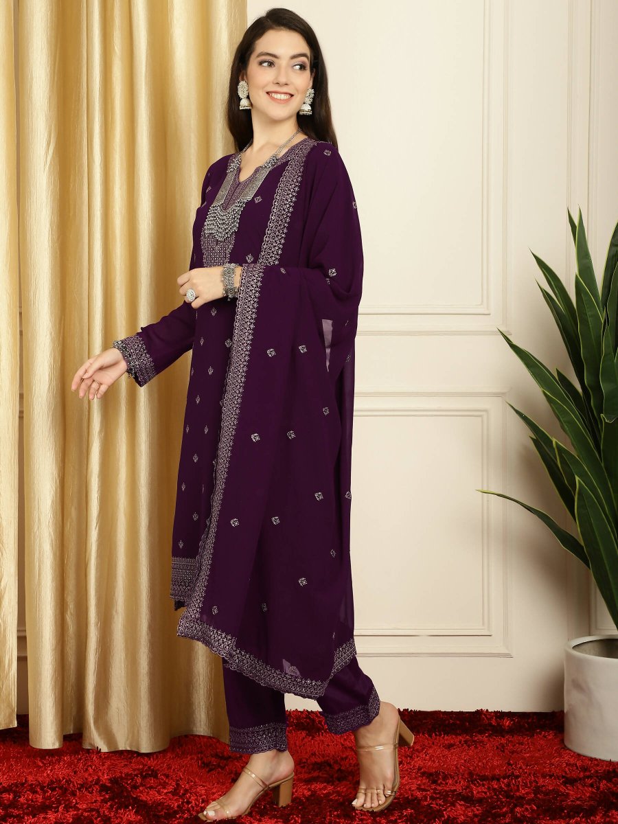Aastha Fashion Women's Burgundy Georgette Resham Thread & Sequin Kurta with Trouser & Dupatta - Grab2buy