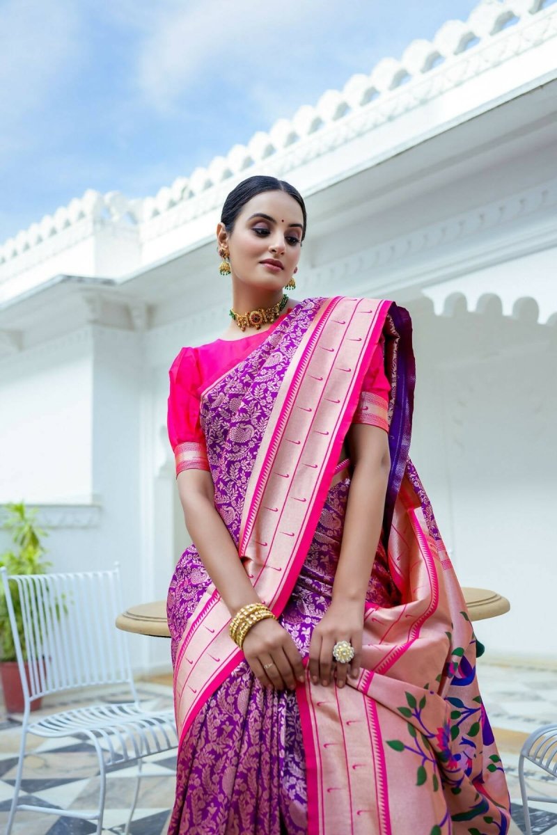 Aastha Fashion Purple Woven Kanjivaram Silk Saree with Blouse - Grab2buy