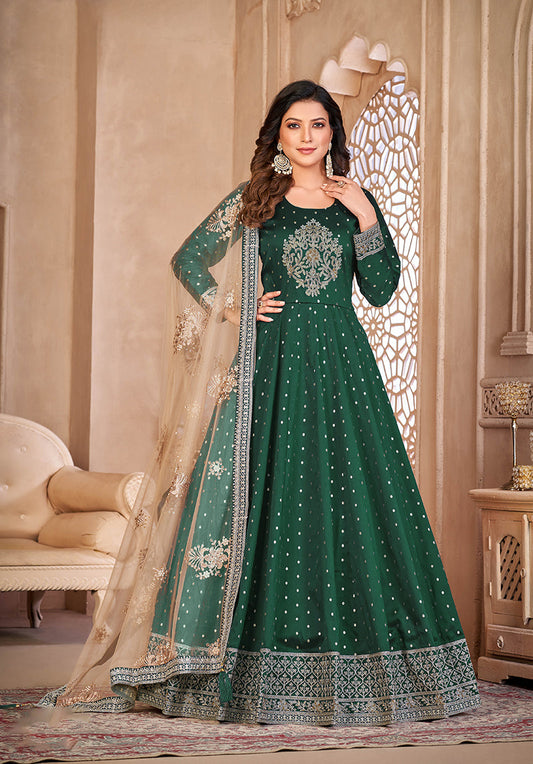Monjolika Fashion Dark Green Color Embroidered Taffeta Silk Anarkali Suit