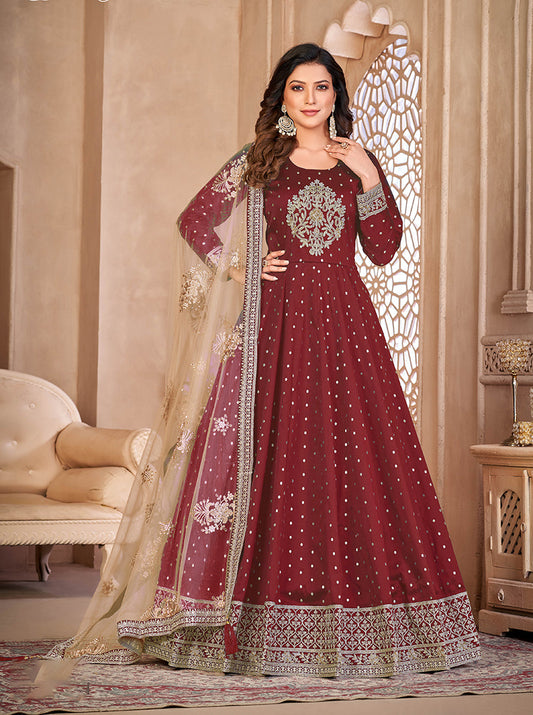 Monjolika Fashion Maroon Color Embroidered Taffeta Silk Anarkali Suit