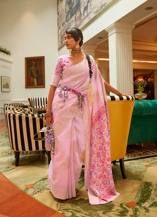 Monjolika Fashion Light Pink Color Handloom Weaving Silk Work Saree With Blouse