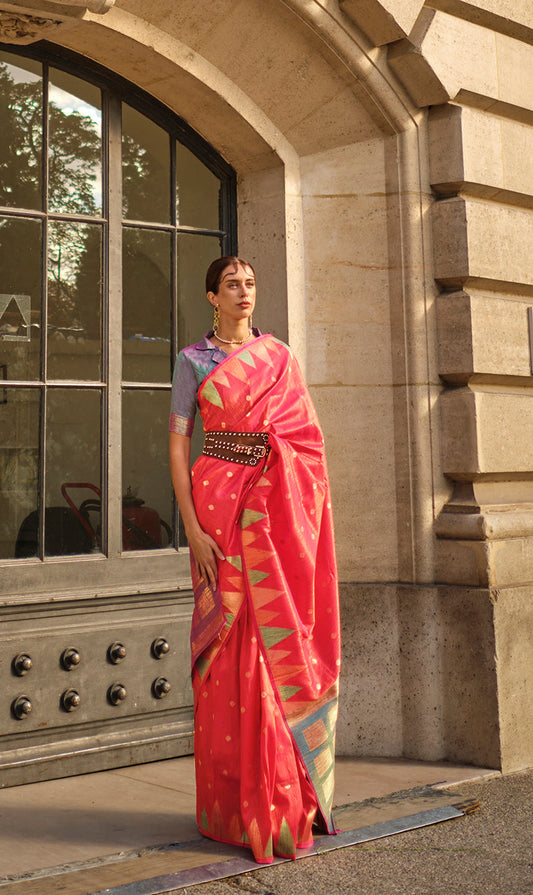 Monjolika Fashion Scarlet Red Color Silk Women'S Traditional Saree