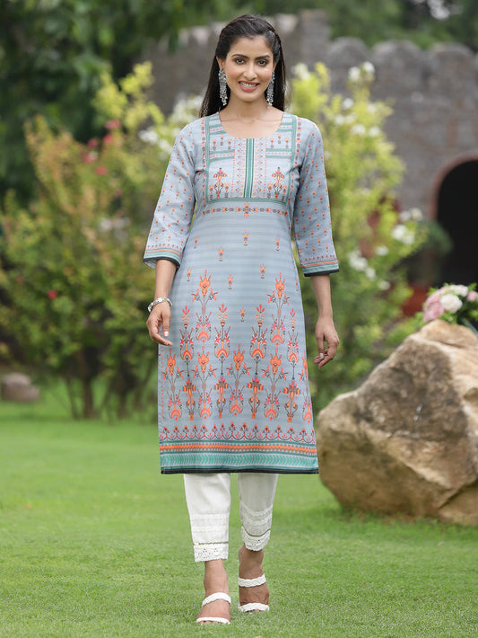 Juniper Women Grey Crepe Casual Wear Digital Printed Straight Kurta