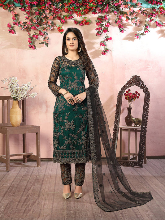 Monjolika Fashion Green Net Embroidery Trendy Salwar Kameez