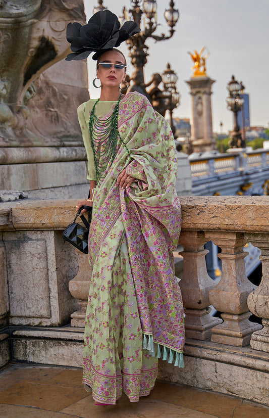 Monjolika Fashion Light Green Emblished Organza Contemporary Saree