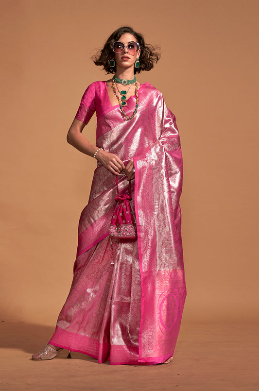 Monjolika Fashion Pink Kanjipuram Silk Woven Designer Saree