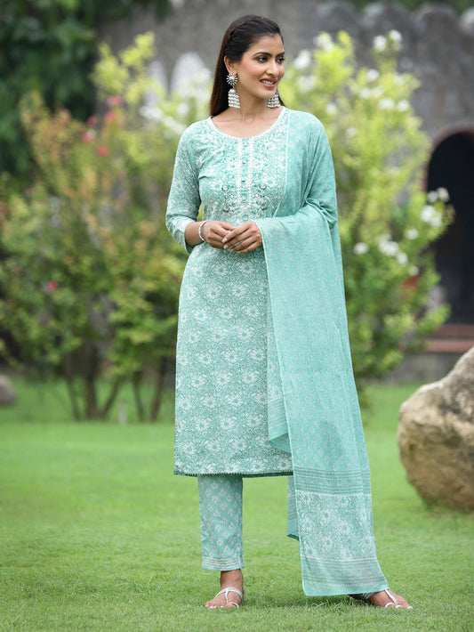Juniper Women's Blue Cotton Cambric Festive Printed Kurta Set
