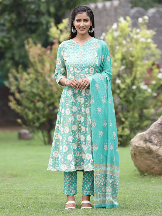 Juniper Women's Seagreen Cotton Cambric Festive Printed Kurta Set