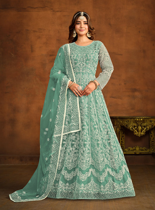 Monjolika Fashion Sky Blue Net Ceremonial Floor Length Salwar Kameez