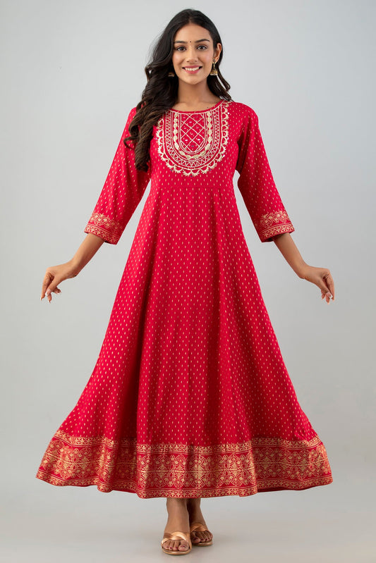 Juniper Women's Red Rayon Printed Flared Dress