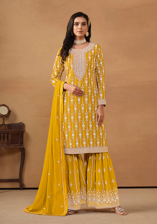Monjolika Fashion Mustard Faux Georgette Embroidered Salwar Kameez