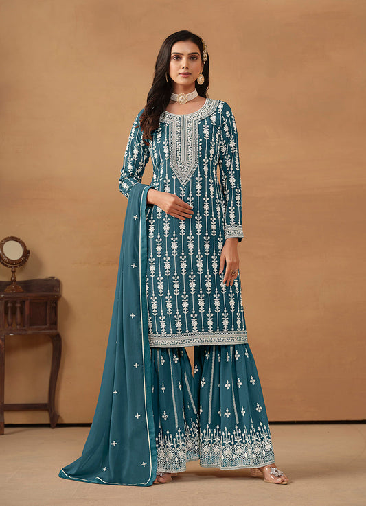 Monjolika Fashion Teal Faux Georgette Embroidered Salwar Kameez