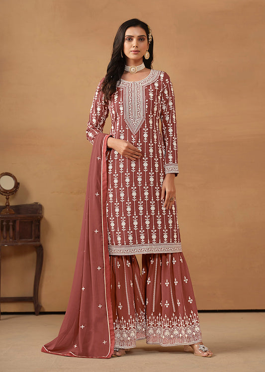 Monjolika Fashion Light Brown Faux Georgette Embroidered Salwar Kameez