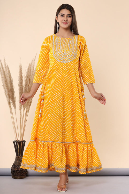 Juniper Women's Yellow Printed Embroidered Mirror Work Sequin Cotton Flared Dress