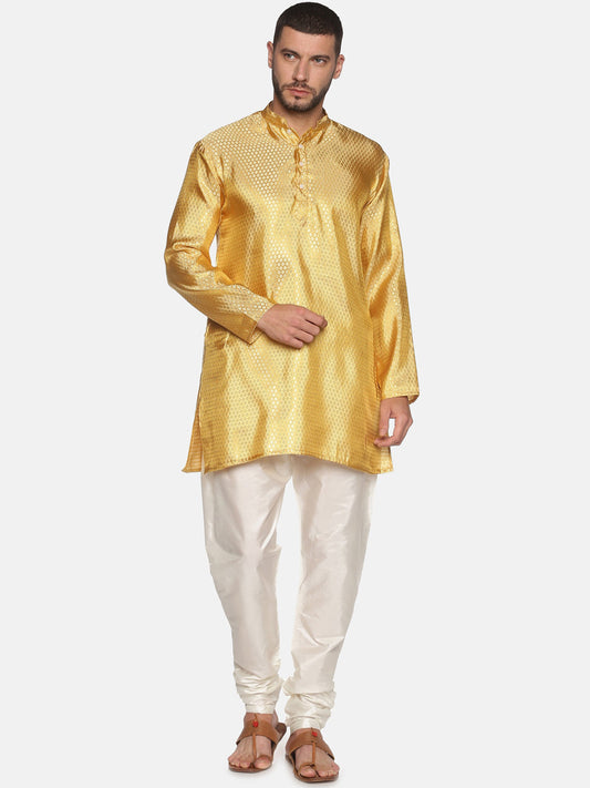 Sethukrishna Men Gold-Toned & White Kurta with Churidar