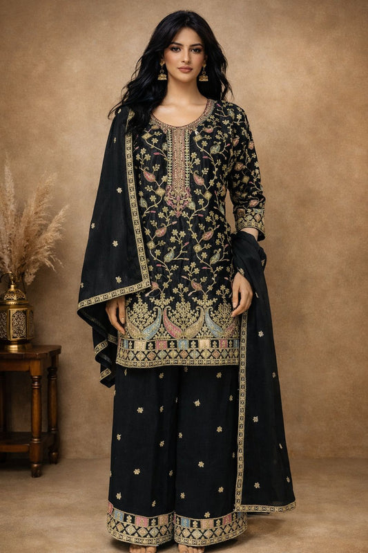 Anaita Black Chinon Stitched Plazzo Suit With Embroidery Work