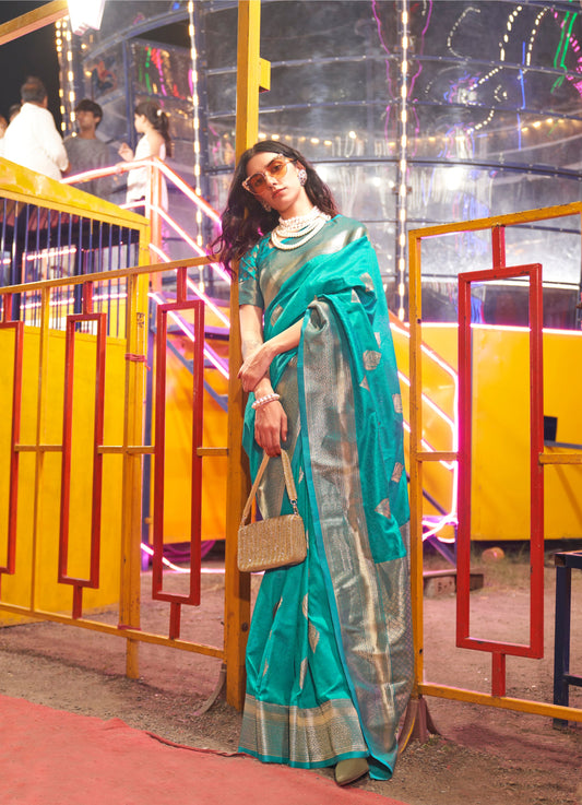 Monjolika Fashion Teal Colour Handloom Silk Blend Zari Woven Saree With Blouse