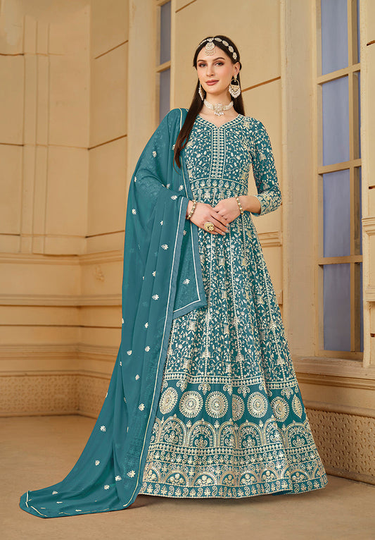 Monjolika Fashion Faux Georgette Teal Anarkali Salwar Kameez