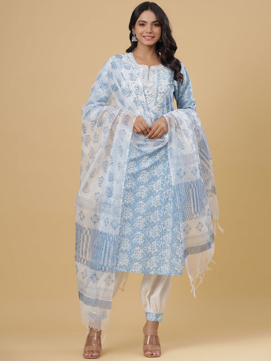 Juniper Women's Sky Blue Cotton Printed Straight Kurta Pant Dupatta Set