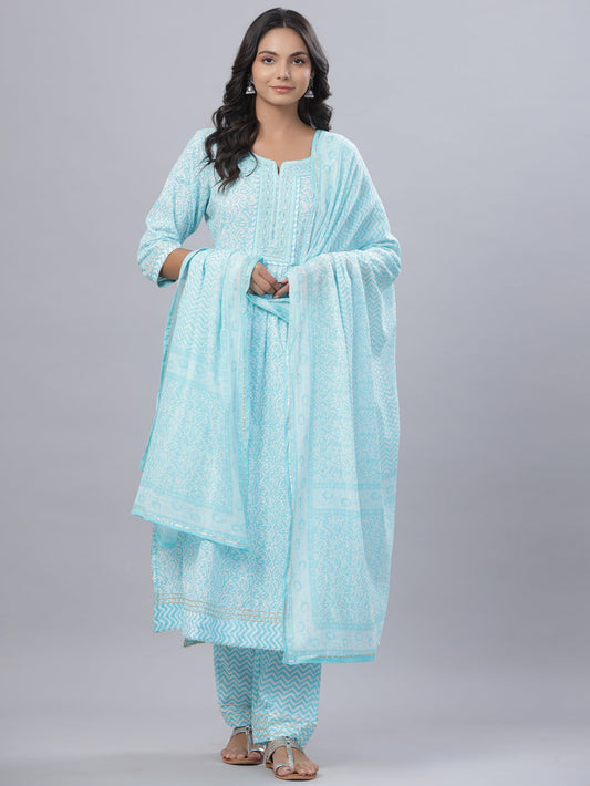 Juniper Women's Sky Blue Cotton Printed Straight Kurta Pant Dupatta Set