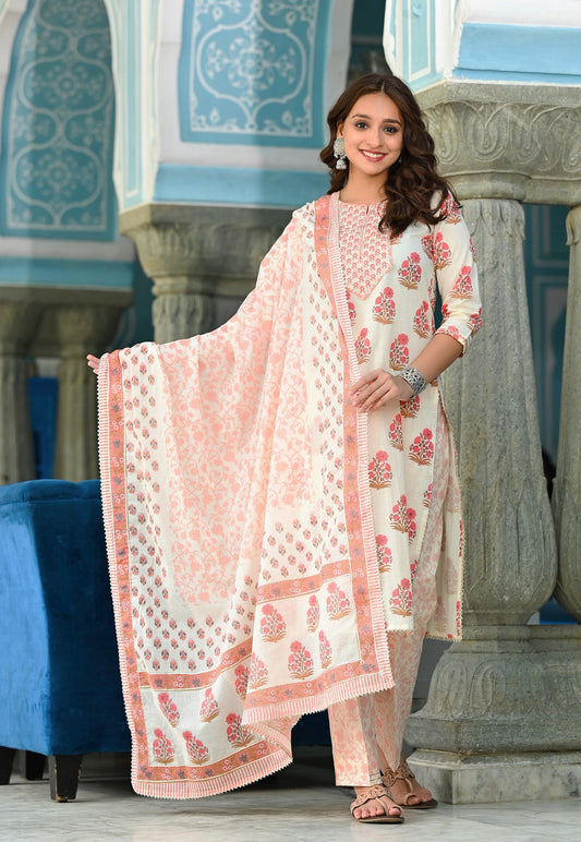 Juniper Women's Beige Cotton Printed Straight Kurta Pant Dupatta Set