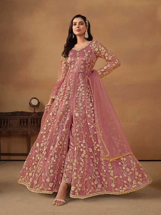 Monjolika Fashion Net Embroidered Pant Style Suit In Pink
