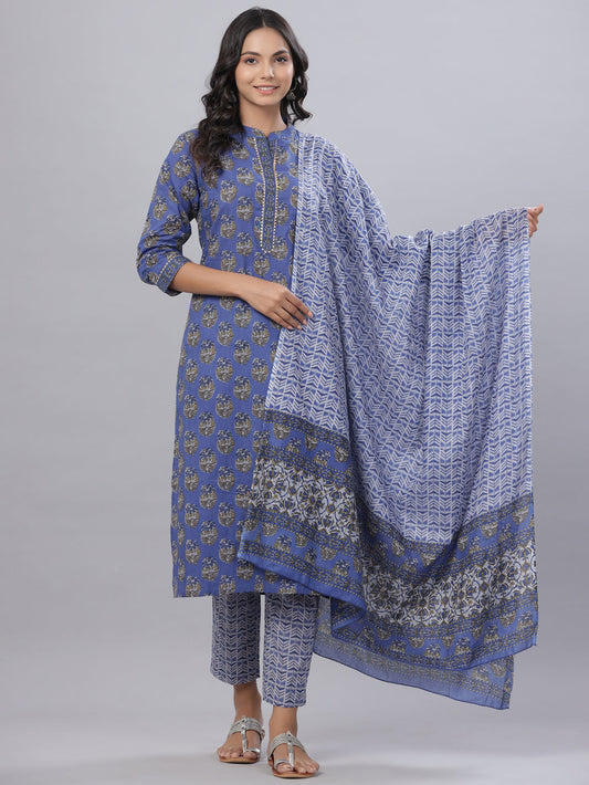 Juniper Women's Royal Blue Cotton Printed Straight Kurta Pant Dupatta Set