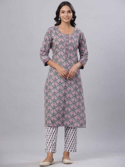 Juniper Women's Grey Color Cotton Printed Straight Kurta Pant Dupatta Set