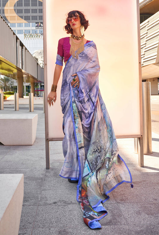 Monjolika Fashion Light Blue Color Swiss Satin Printed Saree With Blouse
