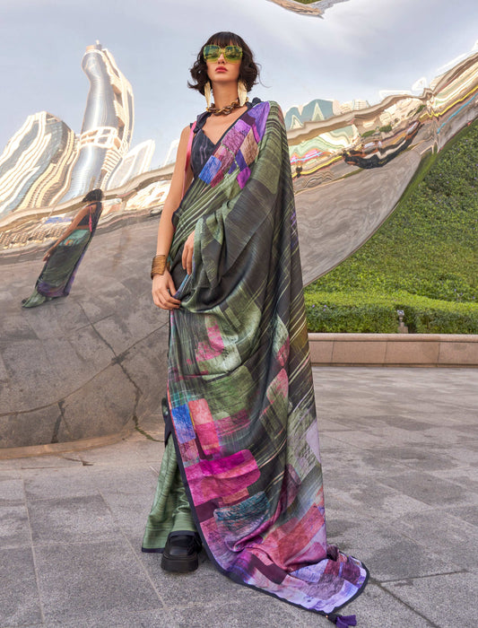 Monjolika Fashion Black Color Swiss Satin Printed Saree With Blouse