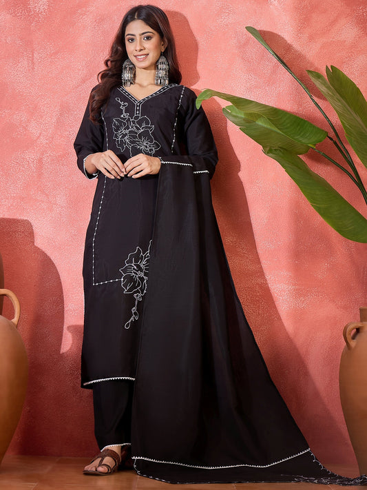 Joban Fashion Black Silk Embroidery Readymade Kurta Set