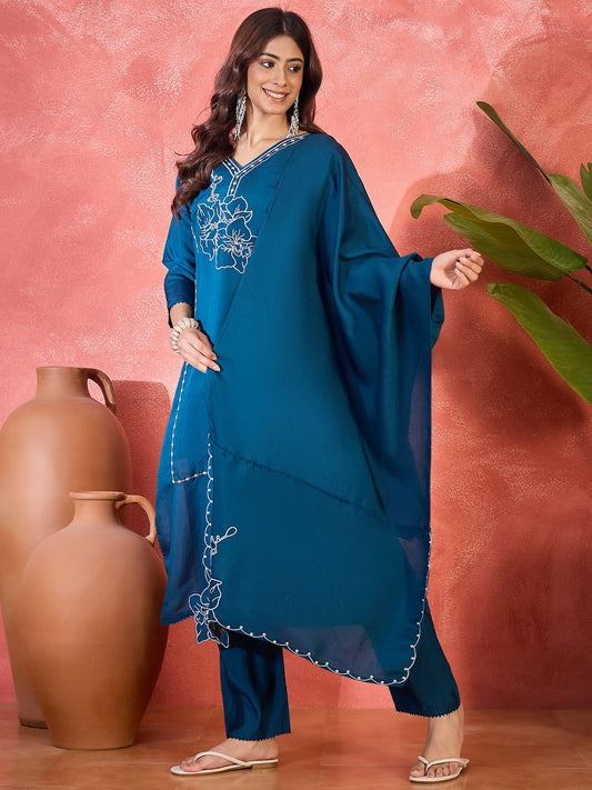 Joban Fashion Teal Silk Embroidery Readymade Kurta Set