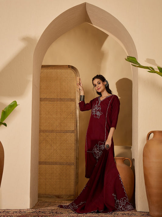 Joban Fashion Maroon Silk Embroidery Readymade Kurta Set