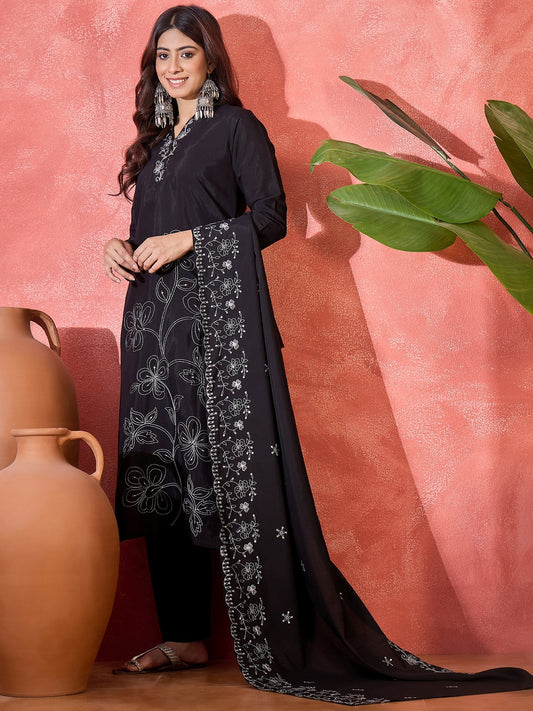 Joban Fashion Black Silk Embroidery Readymade Kurta Set