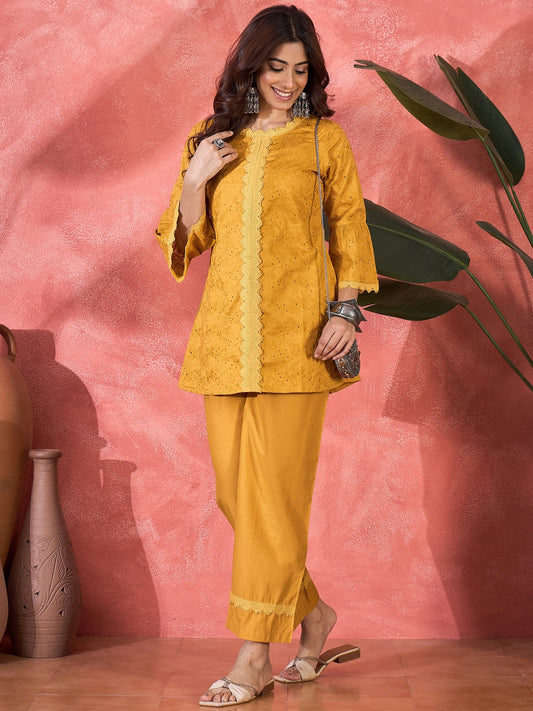 Joban Fashion Mustard Cotton Embroidery Readymade Kurta Set