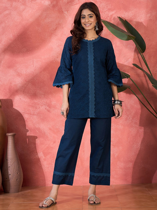 Joban Fashion Navy Blue Cotton Embroidery Readymade Kurta Set