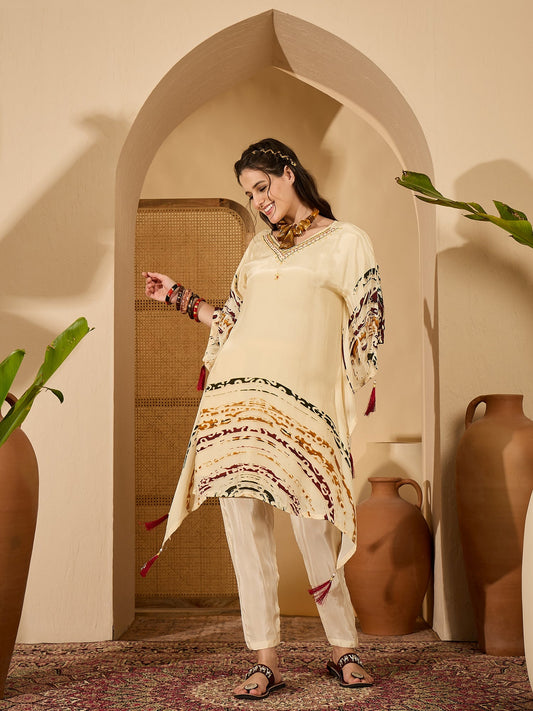 Joban Fashion Cream Silk Printed Readymade Kurta Set