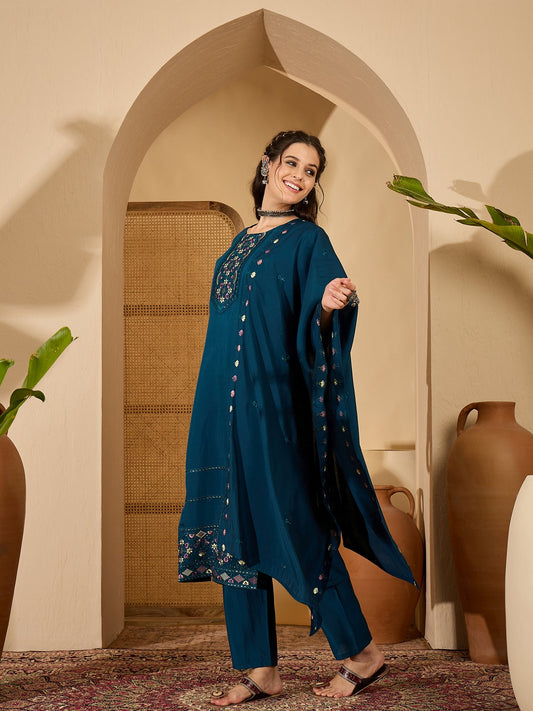 Joban Fashion Teal Silk Embroidery Readymade Kurta Set