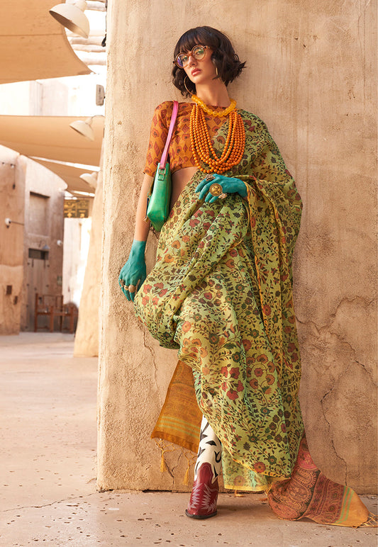 Monjolika Fashion Stunning Light Green Colour Printed Tissue Designer Saree