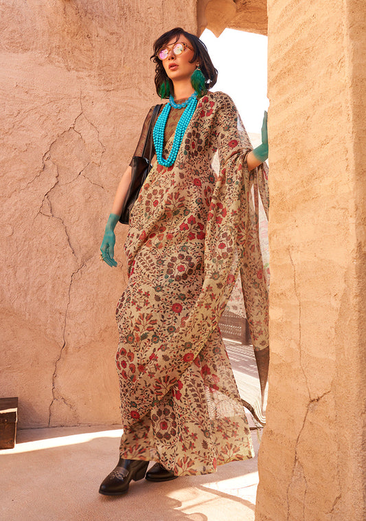 Monjolika Fashion Stunning Beige Colour Printed Tissue Designer Saree